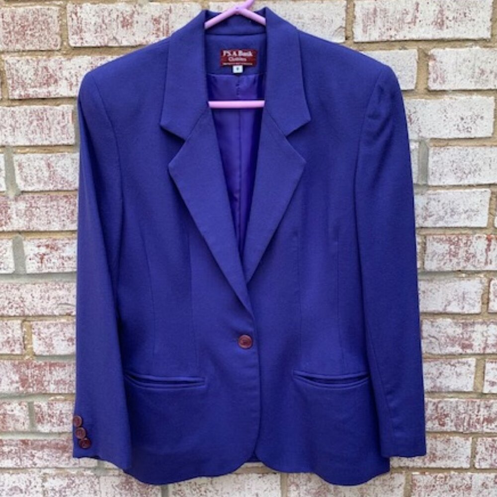 Jos. A Bank Purple 100% Wool 1 Button Blazer W/ Shoulder Pads Size 8 - Picture 1 of 11